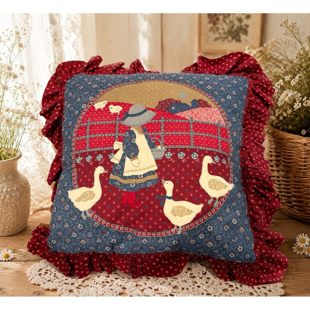 Vintage Throw Pillow Girl Feeding Ducks Geese Holly Hobbie Style Cottagecore